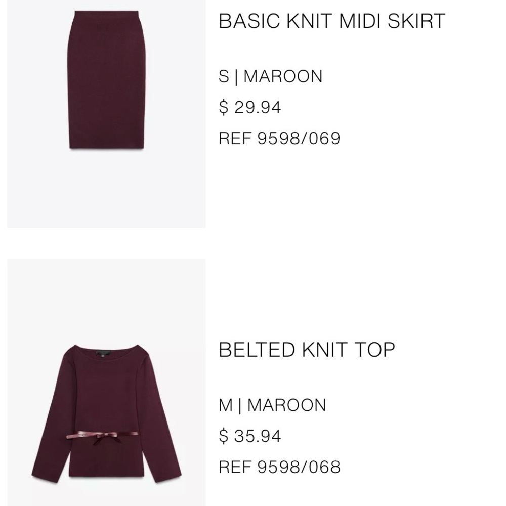 Zara Maroon Basic Knit Midi Skirt with matching belted knit top
